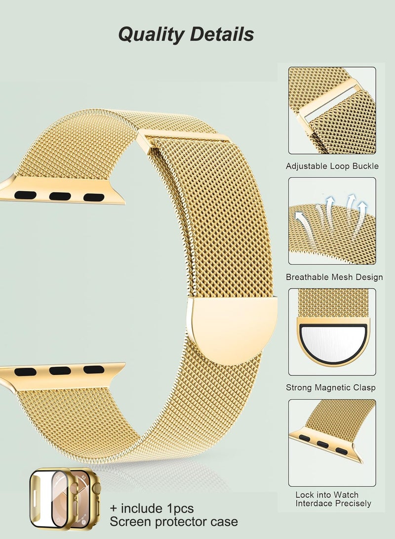 Case and watch band Set for Apple Watch 45mm, Series 7/8/9, Stainless steel mesh metal iWatch strap with Tempered Glass Screen Protector, Golden - Image 3