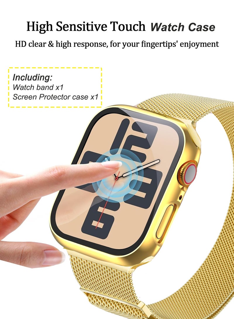Case and watch band Set for Apple Watch 45mm, Series 7/8/9, Stainless steel mesh metal iWatch strap with Tempered Glass Screen Protector, Golden - Image 4