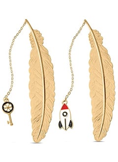 Y&D Bookmarks, 2 Pack Handmade Metal Feather Pendant Gifts Book Markers for Kids, Men, Lovers, Teens Boys Girls (Gold Key and Space Rocket)  - Image 1