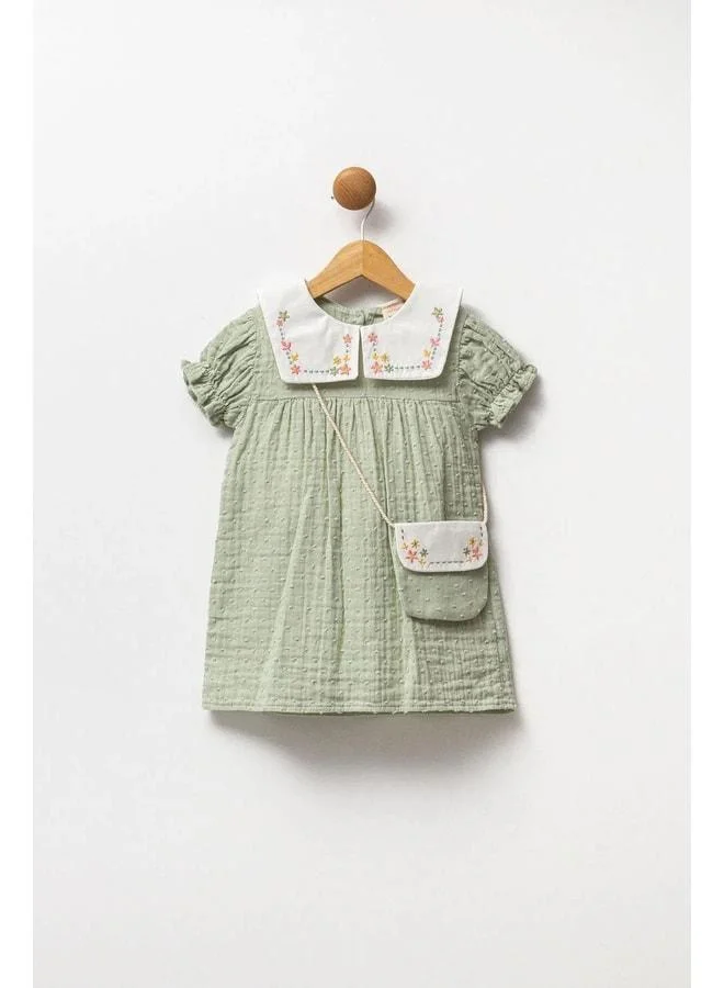 Magu Girls' Cotton Muslin Floral Embroidered Shirt-Collar Dress with Bag