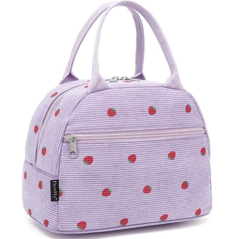 FlowFly Insulated Lunch Bag for Women â€“ Corduroy Lunch Tote Box, Cute Cooler Bag for Work, Travel, Picnic,Corduroy Strawberries Purple - Image 1