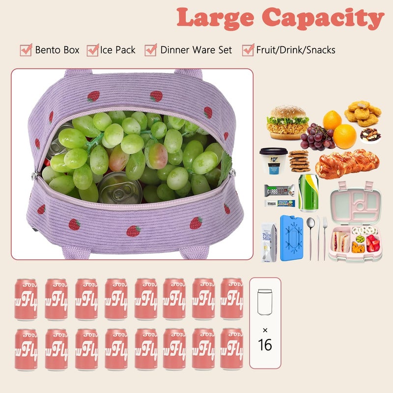 FlowFly Insulated Lunch Bag for Women â€“ Corduroy Lunch Tote Box, Cute Cooler Bag for Work, Travel, Picnic,Corduroy Strawberries Purple - Image 4
