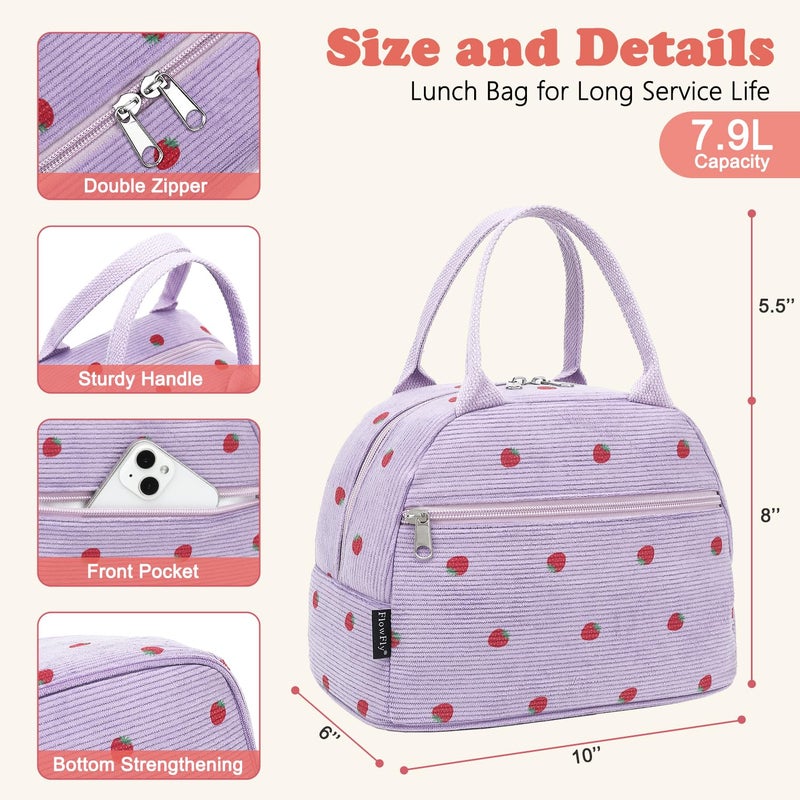 FlowFly Insulated Lunch Bag for Women â€“ Corduroy Lunch Tote Box, Cute Cooler Bag for Work, Travel, Picnic,Corduroy Strawberries Purple - Image 3