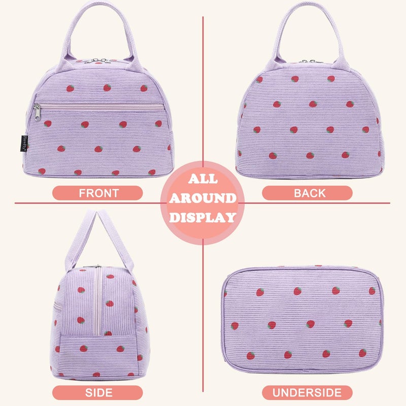FlowFly Insulated Lunch Bag for Women â€“ Corduroy Lunch Tote Box, Cute Cooler Bag for Work, Travel, Picnic,Corduroy Strawberries Purple - Image 5