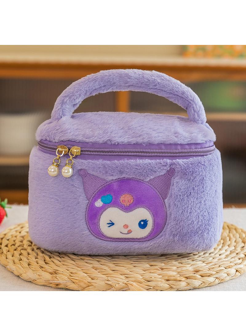 Cute Plush  Kuromi Makeup Bag handbag  Open Flat Travel Toiletry Accessories Organizer Cosmetic Pouch with Handle for Cosmetics Brushes Toiletry Jewelry 