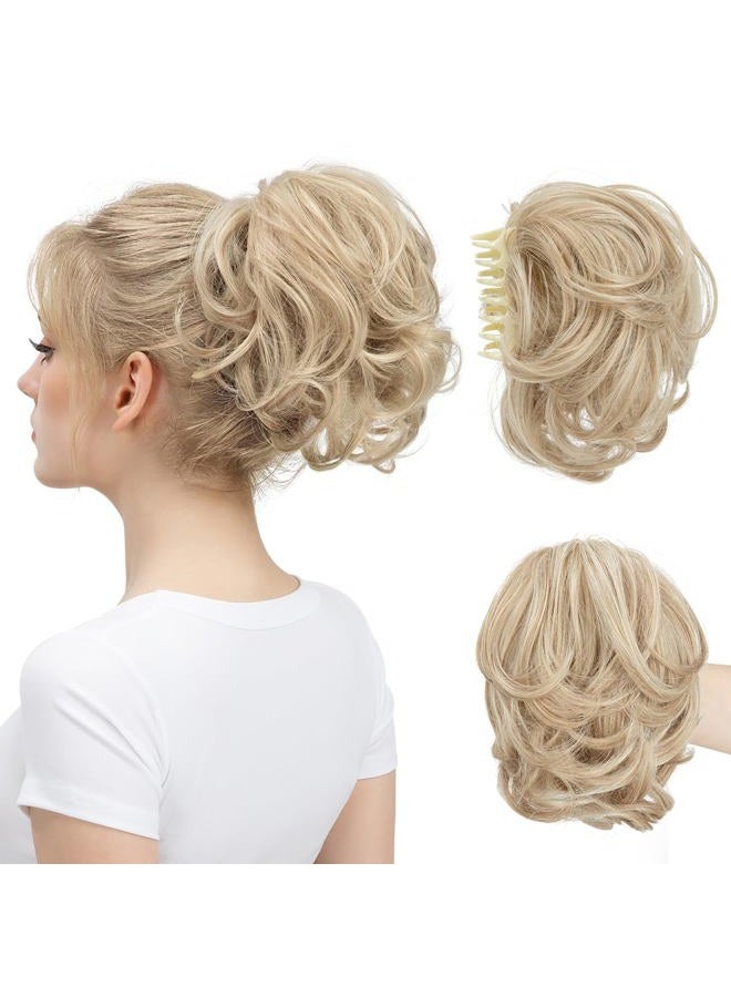 youngways Claw Clip Short Ponytail Messy Bun Hair Piece Bendable Hair Branch Extensions Fluffy Wavy Curly Synthetic Versatile Sunny Blonde Hairpieces - Image 1