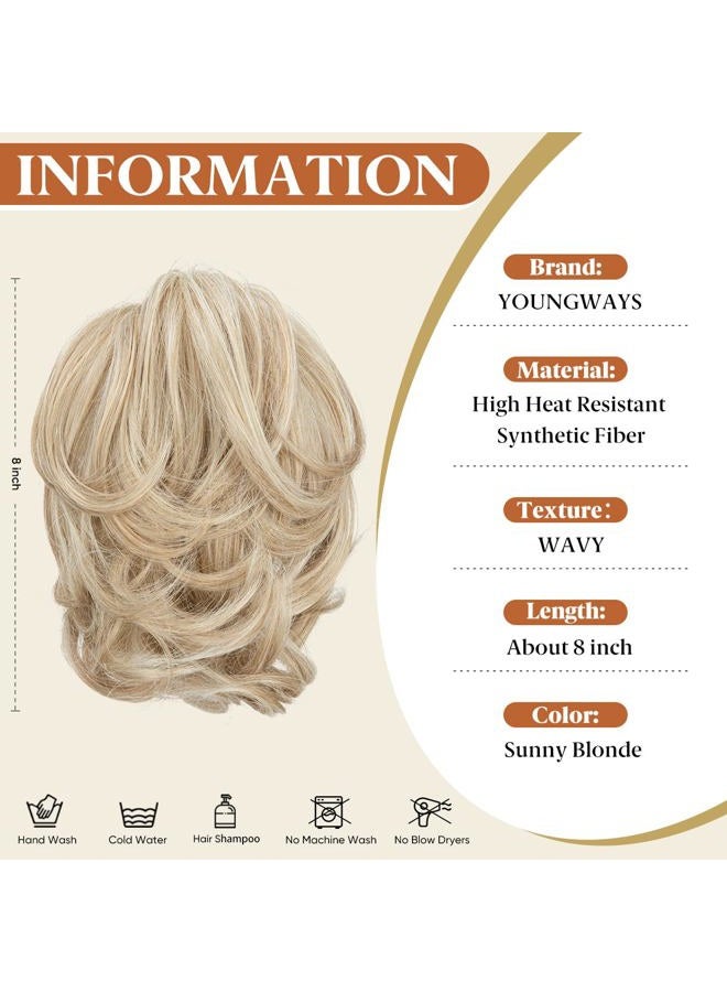 youngways Claw Clip Short Ponytail Messy Bun Hair Piece Bendable Hair Branch Extensions Fluffy Wavy Curly Synthetic Versatile Sunny Blonde Hairpieces - Image 3