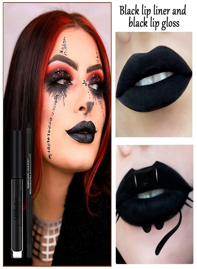LJYBoBin Black Matte Liquid Lipstick Set,Waterproof Smudge Proof Black Lip Liner and Lipstick Set for Women,Velvet Long Lasting Non-stick Cup Lip Gloss Stain Set for Halloween Cosplay Goth Daily Lip Makeup - Image 2