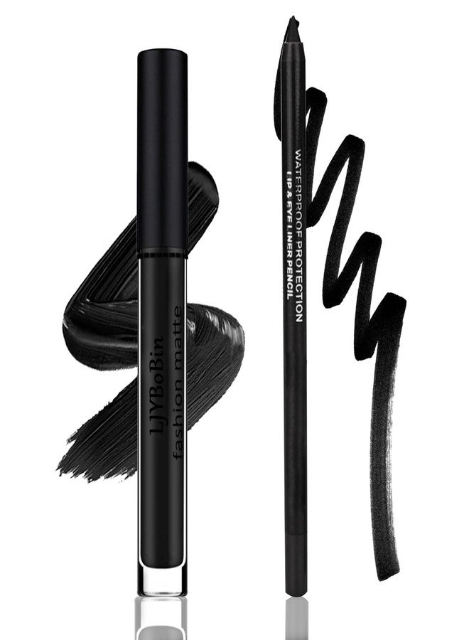 LJYBoBin Black Matte Liquid Lipstick Set,Waterproof Smudge Proof Black Lip Liner and Lipstick Set for Women,Velvet Long Lasting Non-stick Cup Lip Gloss Stain Set for Halloween Cosplay Goth Daily Lip Makeup - Image 1