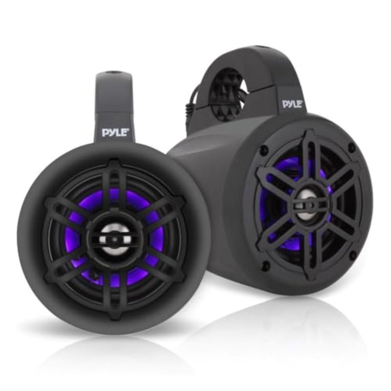 Waterproof Marine Wakeboard Tower Speakers - 4 Inch Dual Subwoofer Speaker Set w/ 300 Max Power Output - Boat Audio System w/Built-in LED Lights - Mounting Clamps Included - PLMRLEWB46B Black baihuo - Image 1