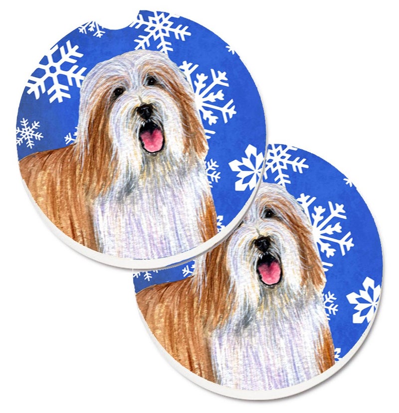 Caroline's Treasures LH9285CARC Bearded Collie Winter Snowflakes Holiday Set of 2 Cup Holder Car Coasters Absorbent Sandstone Coasters for Car Cup Holders Gifts for Men or Women  Large  Multicolor