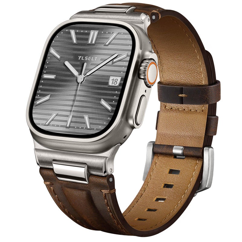 Tlselt Leather Band for Apple Watch Ultra 3/Ultra 2 Bands 49mm 46mm 45mm 44mm, Top Genuine Leather Designer Replacement Strap for iWatch Ultra 3 2 1 SE series 11 10 9 8 7 6 5 4 3 - Image 1