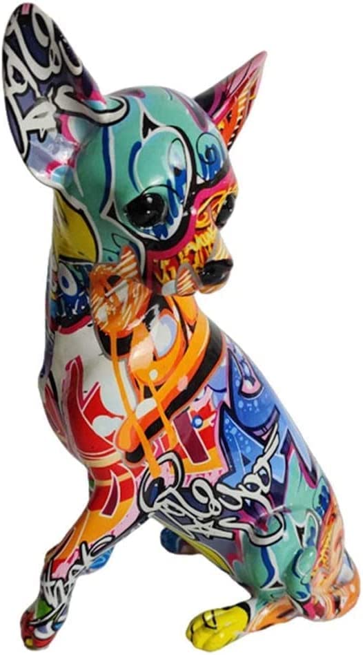 Chihuahua Dog Statue Colorful Animal Graffiti Dog Figurines Sit Down Balloon Animal Dog Statue Ornament Realistic Resin Dog for Home Decor Chihuahua Rainbow