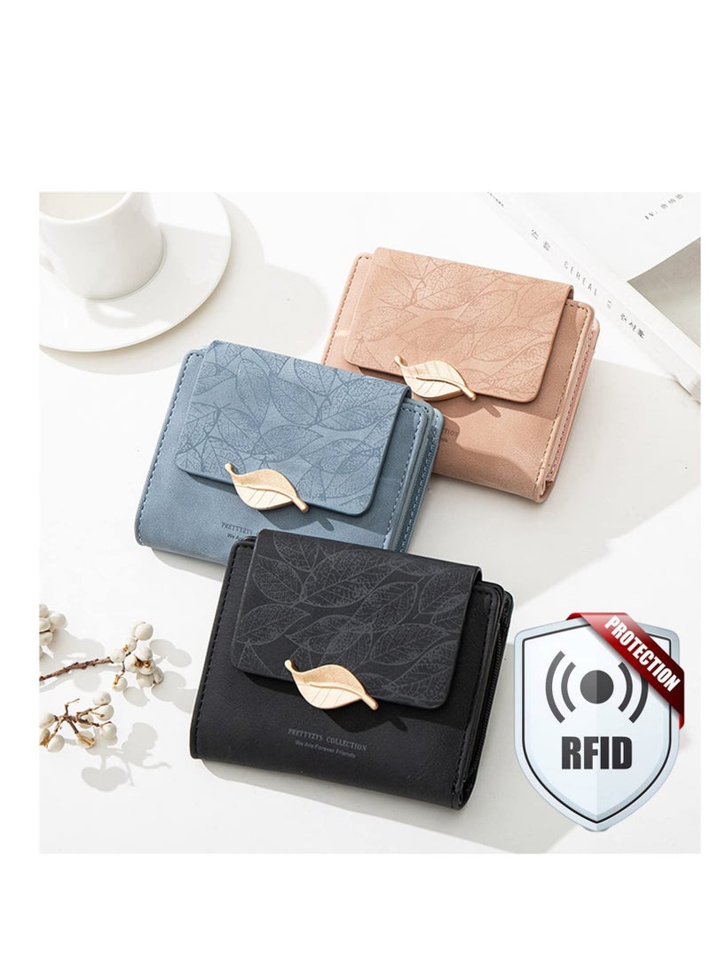 Small Womens Wallet RFID Blocking Billfold Leather Leaf Card Holde with Zipper Coin Pocket Ladies Portable Purses Girls Short Bifold Wallet Gift - Image 4