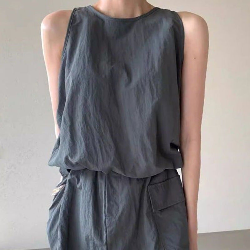 2024 summer French temperament solid color zipper vest shirt elastic waist pants skirt skirt two-piece fashion Gray skirt - Image 1