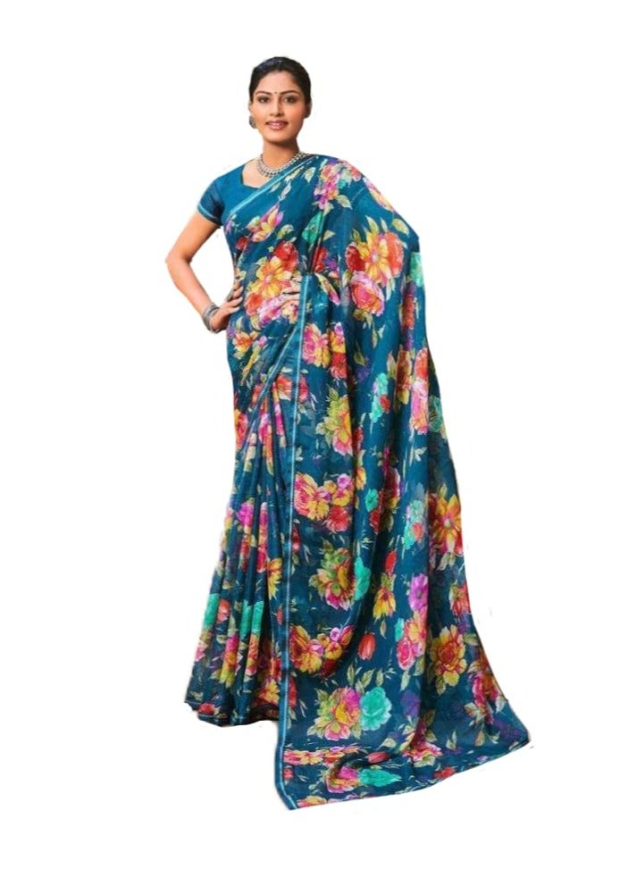 Grab Mantra Turquoise Blue Floral Chiffon Saree With Golden Zari Plus Unstitched Blouse  - Image 1