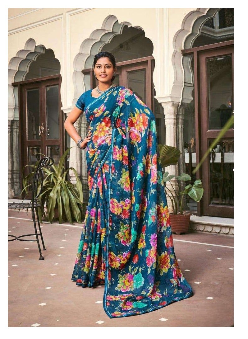 Grab Mantra Turquoise Blue Floral Chiffon Saree With Golden Zari Plus Unstitched Blouse  - Image 2