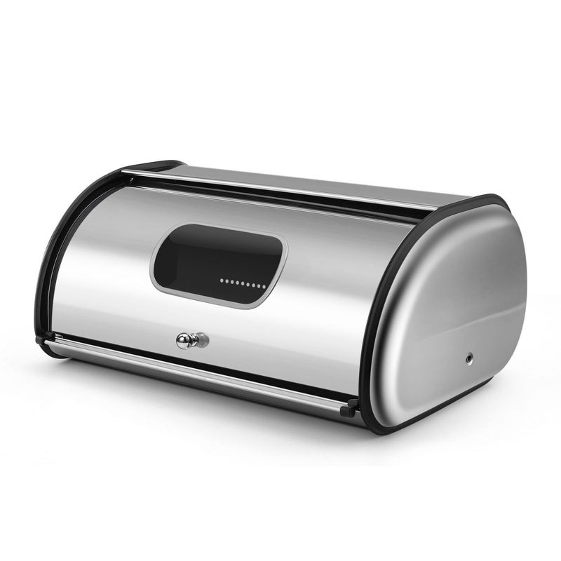 فليكسزيون صندوق خبز فليكسزيون من الفولاذ المقاوم للصدأ مع نافذة أمامية (17 بوصة) وغطاء معدني قابل للطي، حاوية تخزين كبيرة لحفظ الخبز على سطح المطبخ، مثالية للكيك المنزلي، والمعجنات، والفطائر، والبسكويت. - Image 1