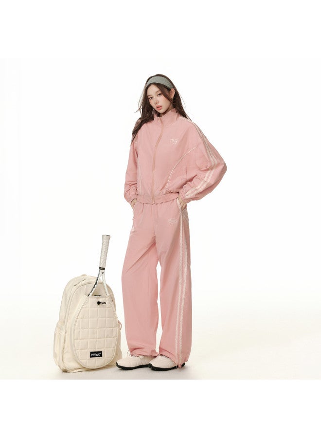 EPTISON [Single Piece Set] Autumn Sporty Style Loose Stand Collar Jacket Lace Trim Patchwork Casual Pants - Image 4