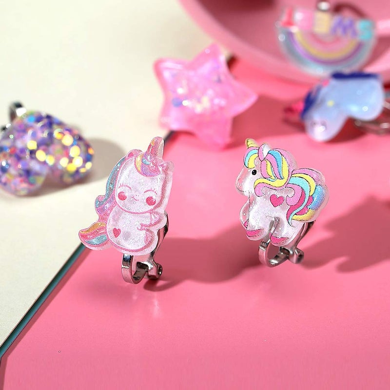 PinkSheep Unicorn Clip On Earrings for Little Girls, Bling Rainbow Earrings for Kids, 6 Pairs, Best Gift - Image 2
