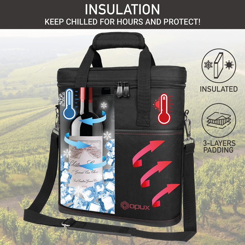 opux 3 Bottle Wine Carrier Tote, Insulated Leakproof Wine Cooler Bag, Wine Travel Bag Tote for Picnic BYOB Beach, Portable Wine Bottle Carrying Case, Gift for Wine Lover Women Men Christmas, Black - Image 2