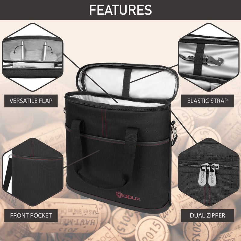 opux 3 Bottle Wine Carrier Tote, Insulated Leakproof Wine Cooler Bag, Wine Travel Bag Tote for Picnic BYOB Beach, Portable Wine Bottle Carrying Case, Gift for Wine Lover Women Men Christmas, Black - Image 4