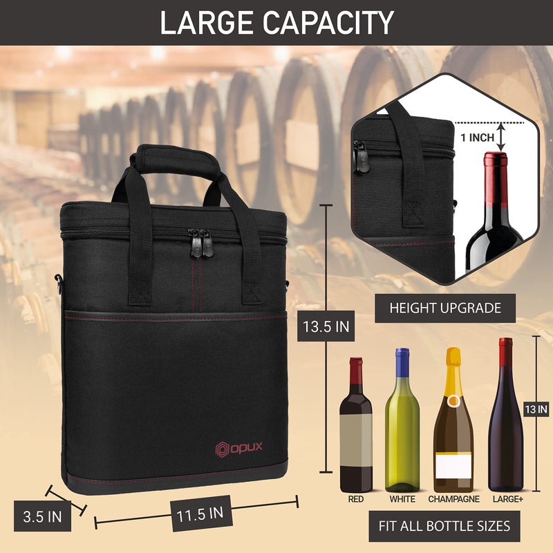 opux 3 Bottle Wine Carrier Tote, Insulated Leakproof Wine Cooler Bag, Wine Travel Bag Tote for Picnic BYOB Beach, Portable Wine Bottle Carrying Case, Gift for Wine Lover Women Men Christmas, Black - Image 3