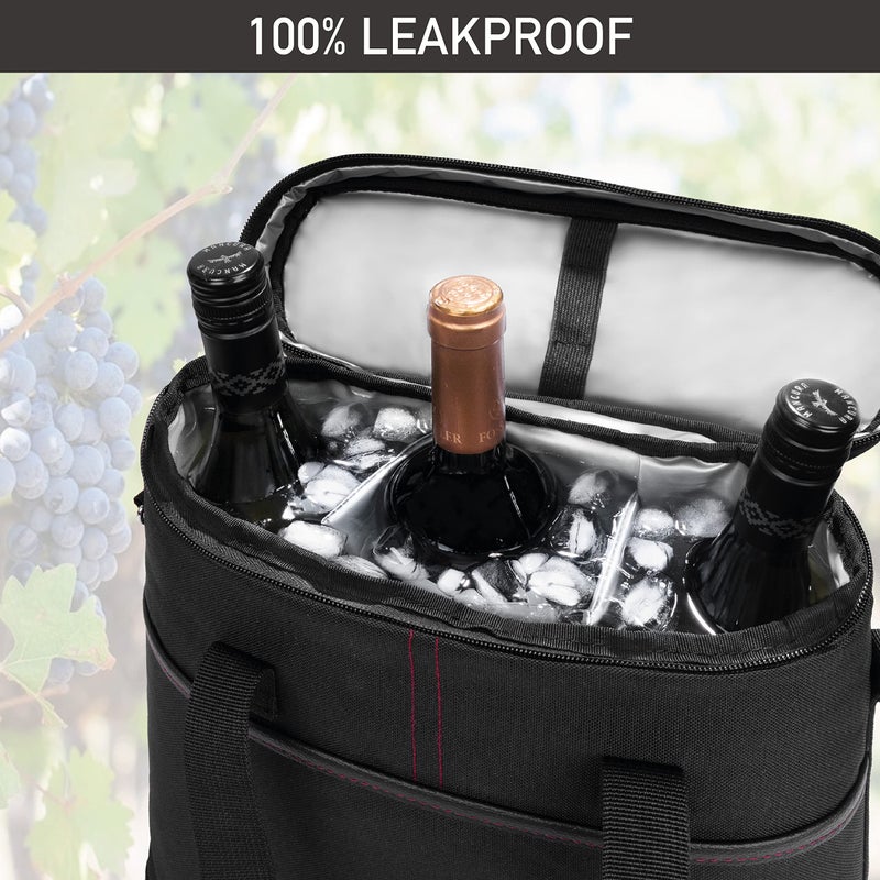 opux 3 Bottle Wine Carrier Tote, Insulated Leakproof Wine Cooler Bag, Wine Travel Bag Tote for Picnic BYOB Beach, Portable Wine Bottle Carrying Case, Gift for Wine Lover Women Men Christmas, Black - Image 5