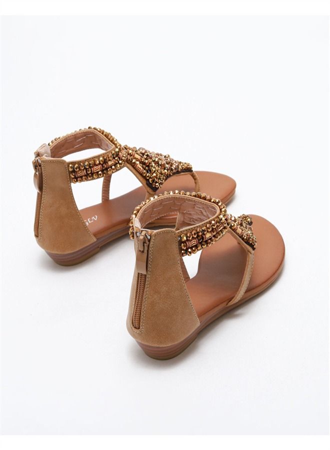 Loquat Fashion Versatile Rhinestone Flat Sandals 2CM Brown  - Image 3