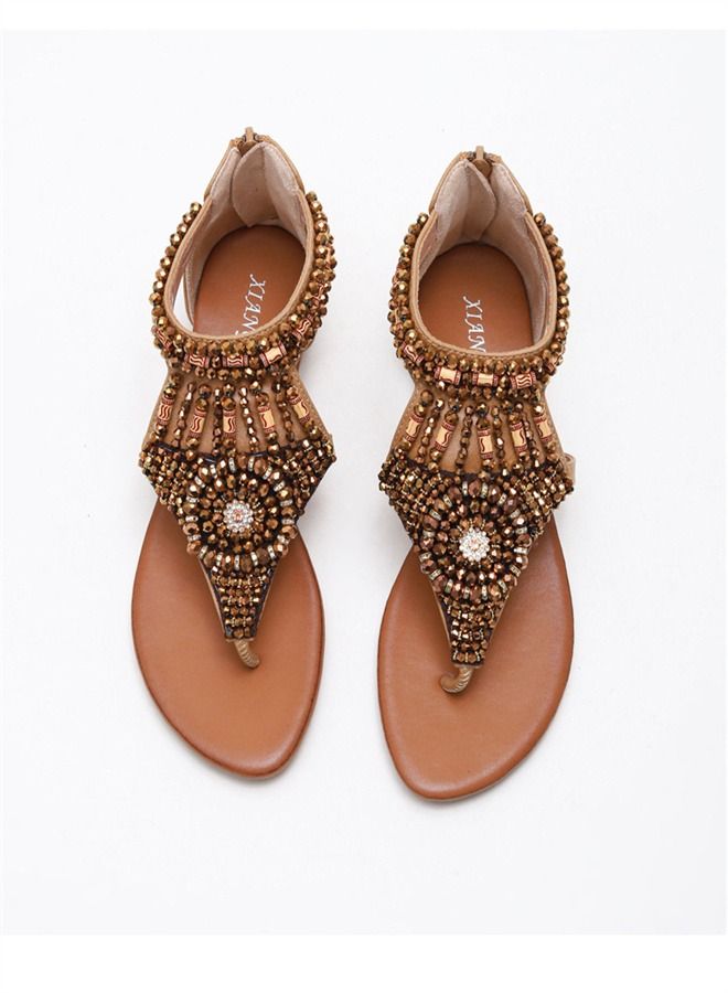 Loquat Fashion Versatile Rhinestone Flat Sandals 2CM Brown  - Image 2