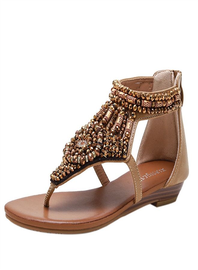 Loquat Fashion Versatile Rhinestone Flat Sandals 2CM Brown  - Image 1