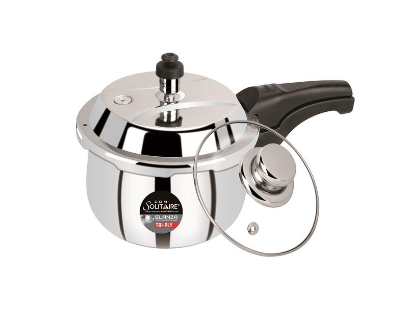 CDM SOLITAIRE Elanza Belly 25 Ltr 1810 TryPly Stainless Steel Outer Lid with Extra Glass Lid 25 L Outer Lid Pressure Cooker Induction and Gas Base ISI Certified 5 Years Warranty - Image 1