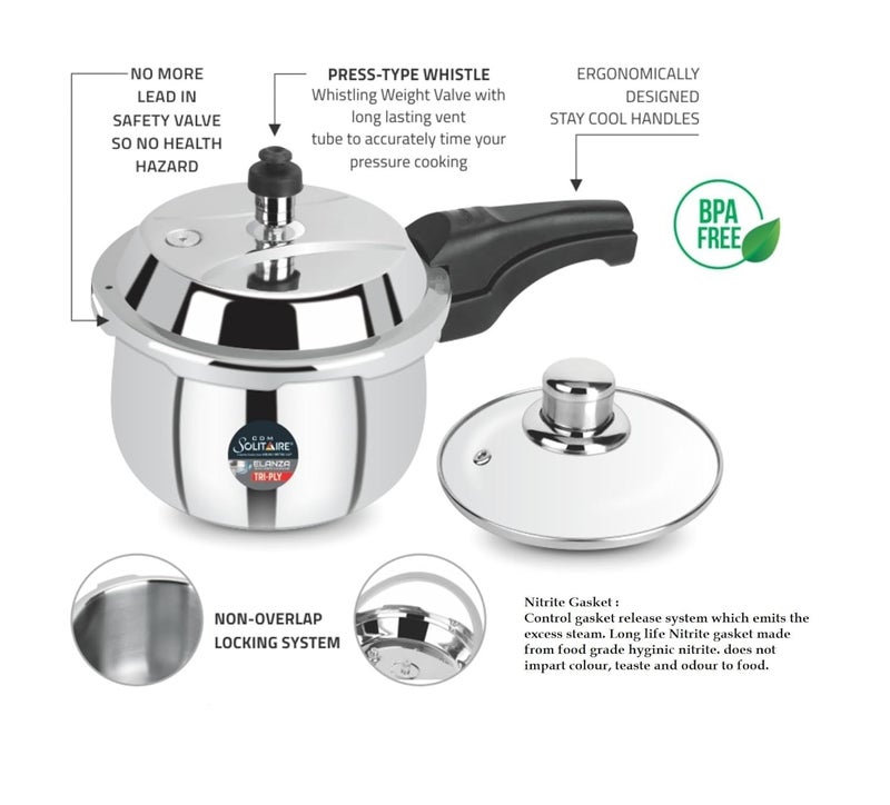CDM SOLITAIRE Elanza Belly 25 Ltr 1810 TryPly Stainless Steel Outer Lid with Extra Glass Lid 25 L Outer Lid Pressure Cooker Induction and Gas Base ISI Certified 5 Years Warranty - Image 2
