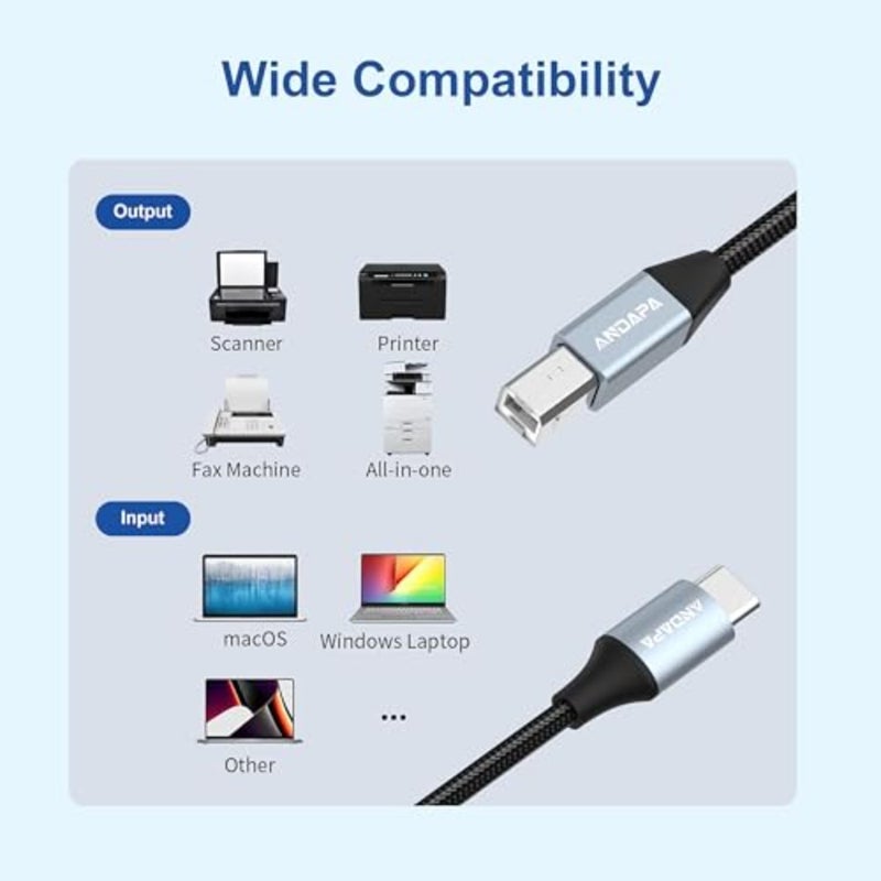 كابل طابعة USB B إلى USB C بطول 1.5 متر، لجهاز MacBook Pro، Air، كابل MIDI لبيانو Yamaha Casio الرقمي، لوحة مفاتيح MIDI، وحدة تحكم DJ، DAC إلى iPad - Image 3