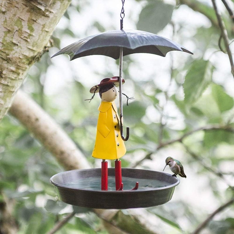 klarako Metal Hanging Feeder, Girl Hold Umbrella Bird Feeder, Metal Bird Bath Table with Hanging Hook, Hanging Bird Feeders for Garden Yard Tree Decoration (Yellow) - Image 1