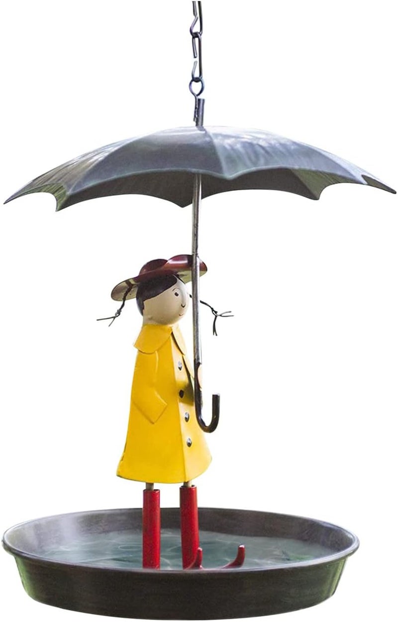 klarako Metal Hanging Feeder, Girl Hold Umbrella Bird Feeder, Metal Bird Bath Table with Hanging Hook, Hanging Bird Feeders for Garden Yard Tree Decoration (Yellow) - Image 5