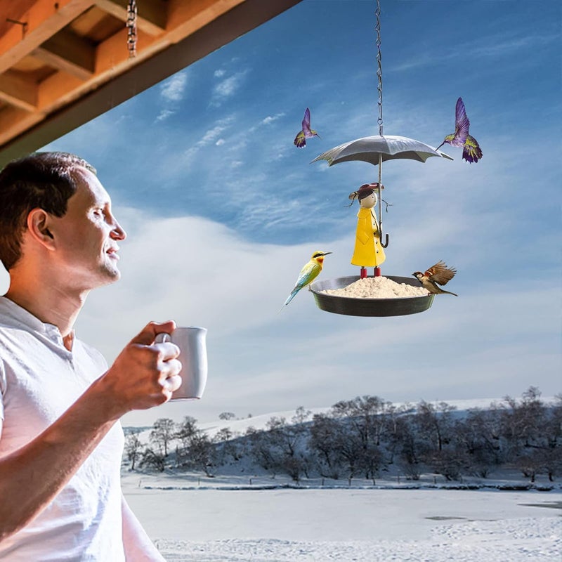 klarako Metal Hanging Feeder, Girl Hold Umbrella Bird Feeder, Metal Bird Bath Table with Hanging Hook, Hanging Bird Feeders for Garden Yard Tree Decoration (Yellow) - Image 3