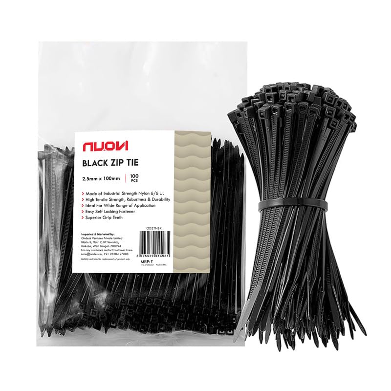 NUOVI Black Zip Ties 100mm X 2.5mm | Heat Resistant Cable with Self-Locking Mechanism | Self-Lock, Antislip Cable Organizer | for Indoor & Outdoor Use (Set of 100) - Image 1