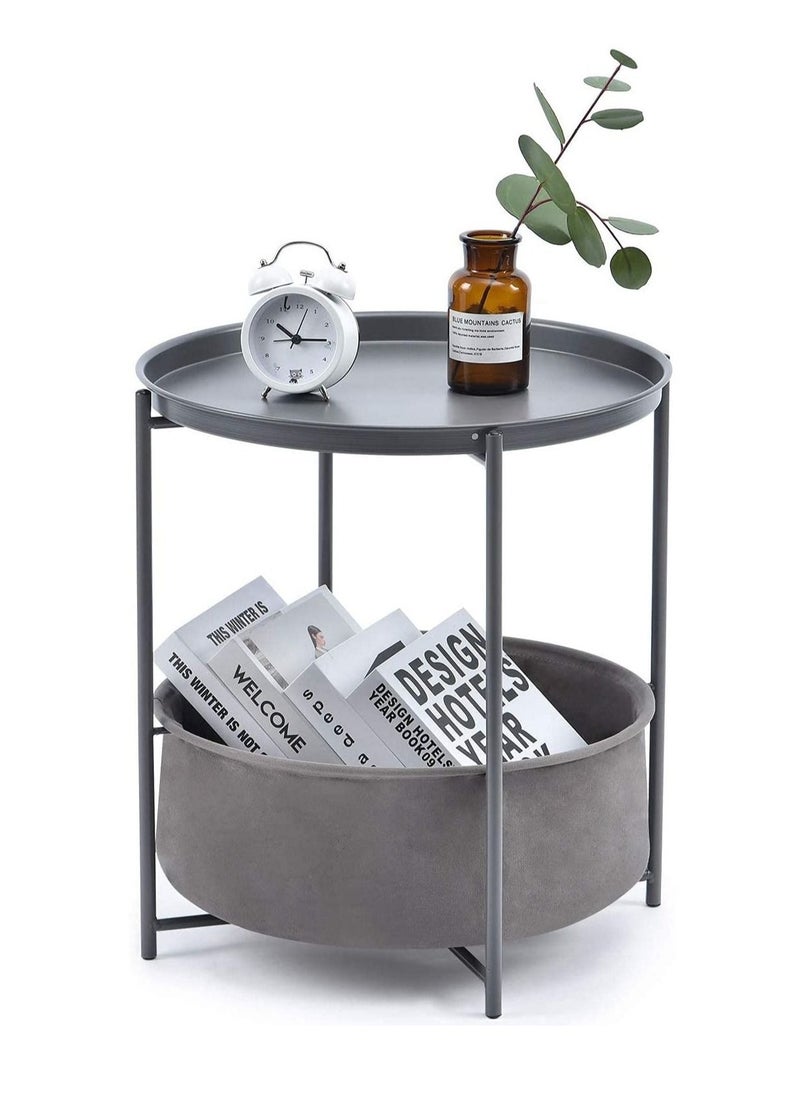 MIXDE Nordic Style Coffee Round Sofa Side Snack End Table with Storage Basket Metal Nightstand  - Image 1