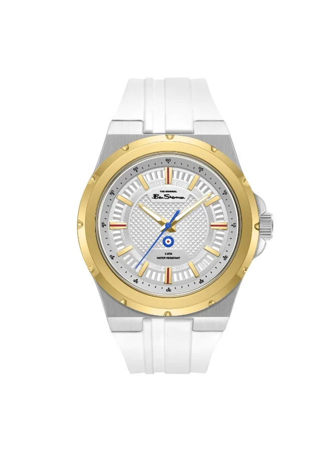 بين شيرمان Gloucester Silver Dial White Silicone Strap Analog Watch for Men, 43mm