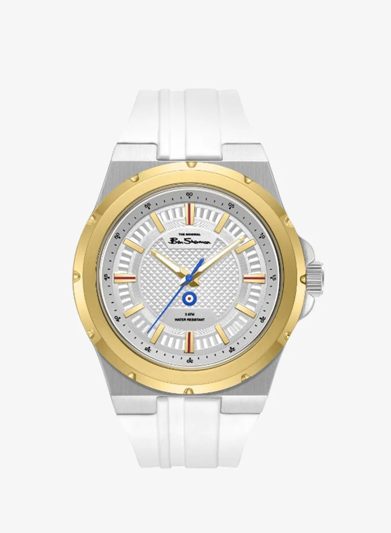 Ben Sherman Gloucester Silver Dial White Silicone Strap Analog Watch for Men, 43mm