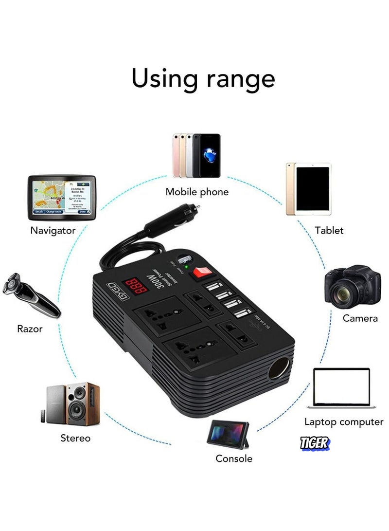 TIGER Car Power Converter 12V 300W ABS Inverter – Portable Car Inverter for Phone Charging, Laptop, and Small Appliances, Compact, High-Efficiency DC to AC Converter - Image 2
