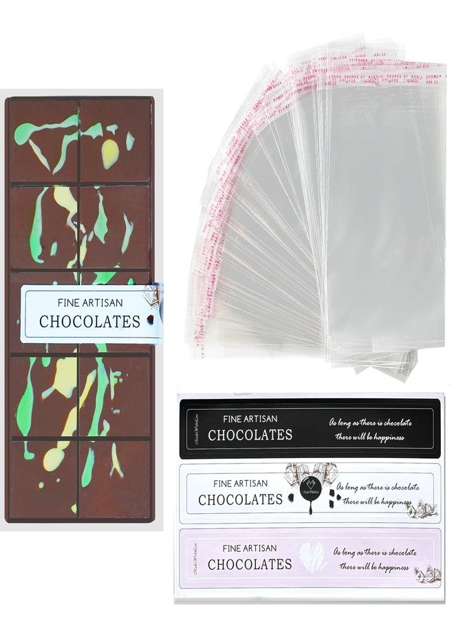 HKNMTT 190PCS Chocolate Bar Packaging Wrappers Set - 100 Large Cellophane Clear Self Adhesive Bags 5.1"x9.8" & 90 Stickers. Designed for Dubai Chocolate Bars & DIY Sweets Candy Bar - Image 1
