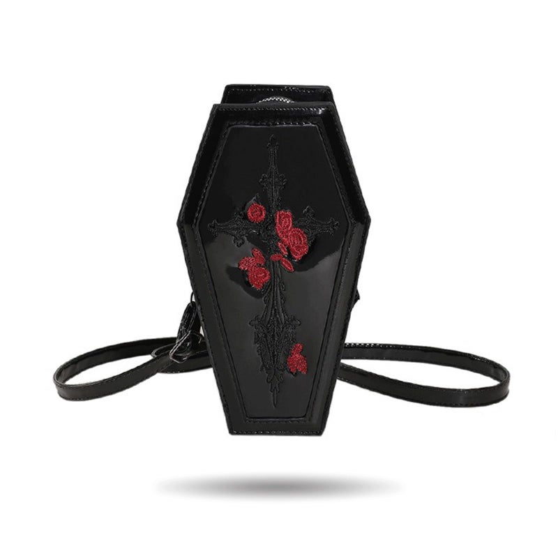 LOTUSTAR Goth Coffin Purse Gothic Makeup Halloween Purses Clutch Shoulder Bag Party Spooky Backpack Horror Cute Wallet(Black Cross Rose) - Image 1