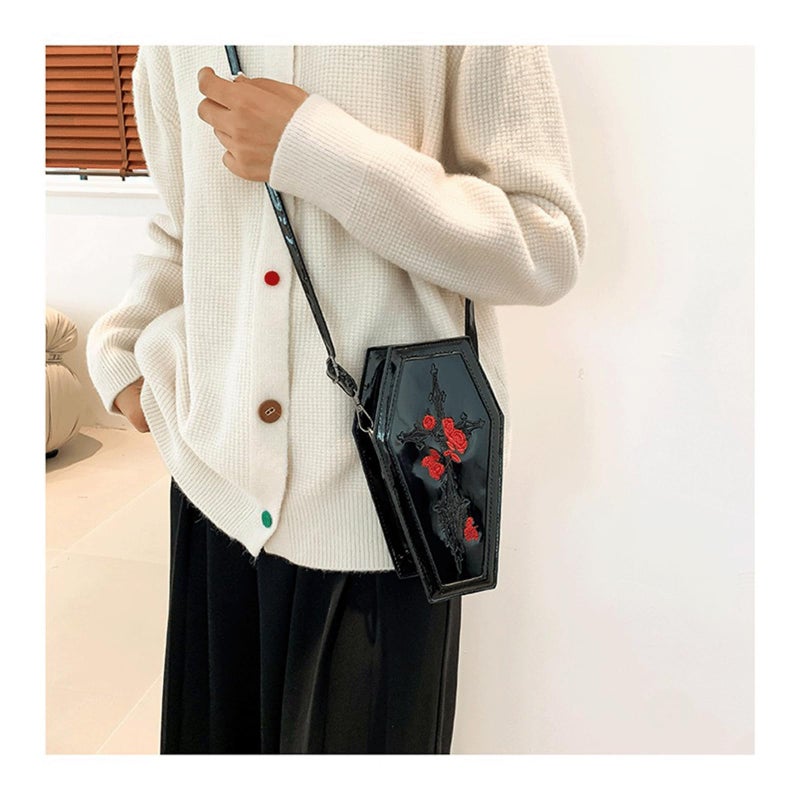 LOTUSTAR Goth Coffin Purse Gothic Makeup Halloween Purses Clutch Shoulder Bag Party Spooky Backpack Horror Cute Wallet(Black Cross Rose) - Image 3