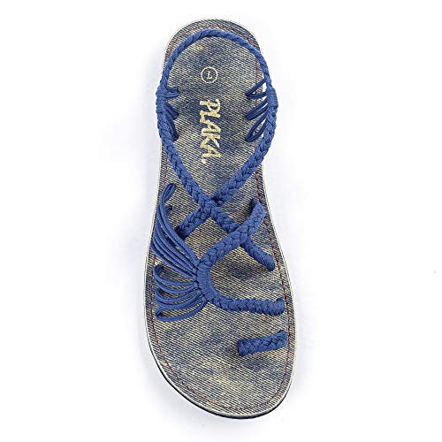Plaka Palm Leaf Flat Summer Sandals for Women | Perfect for The Beach Walking & Dressy Occasions | Sapphire Blue | Size 10 - Image 1