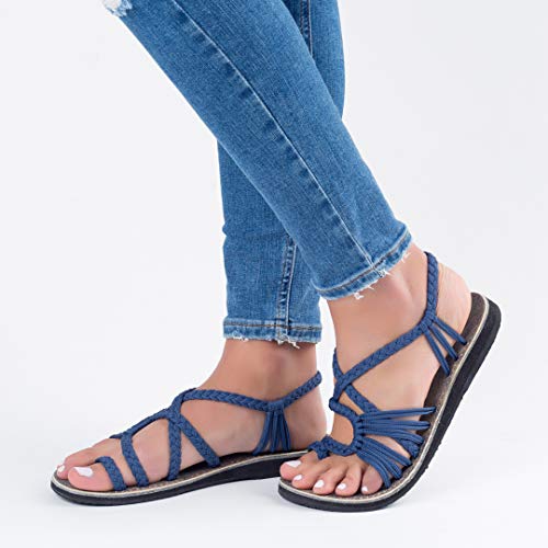 Plaka Palm Leaf Flat Summer Sandals for Women | Perfect for The Beach Walking & Dressy Occasions | Sapphire Blue | Size 10 - Image 2