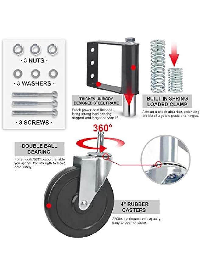 Arabest Spring Loaded Gate Caster, Heavy Duty Ageing Resistance Rubber Gate Caster with Universal Mount Plate, 100 KG Capacity, 4 Inches, 2 Pack, Black  - Image 3