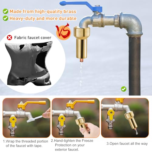 Fantang 2PCS Outdoor Faucet Freeze Protector, Heavy Duty Brass Garden Faucet Freeze Prevention Valve Winter Frost Proof Faucets Protection Cover for Lawn Yard Farm Spigot with Tape for 3/4 Inch Thread - Image 3