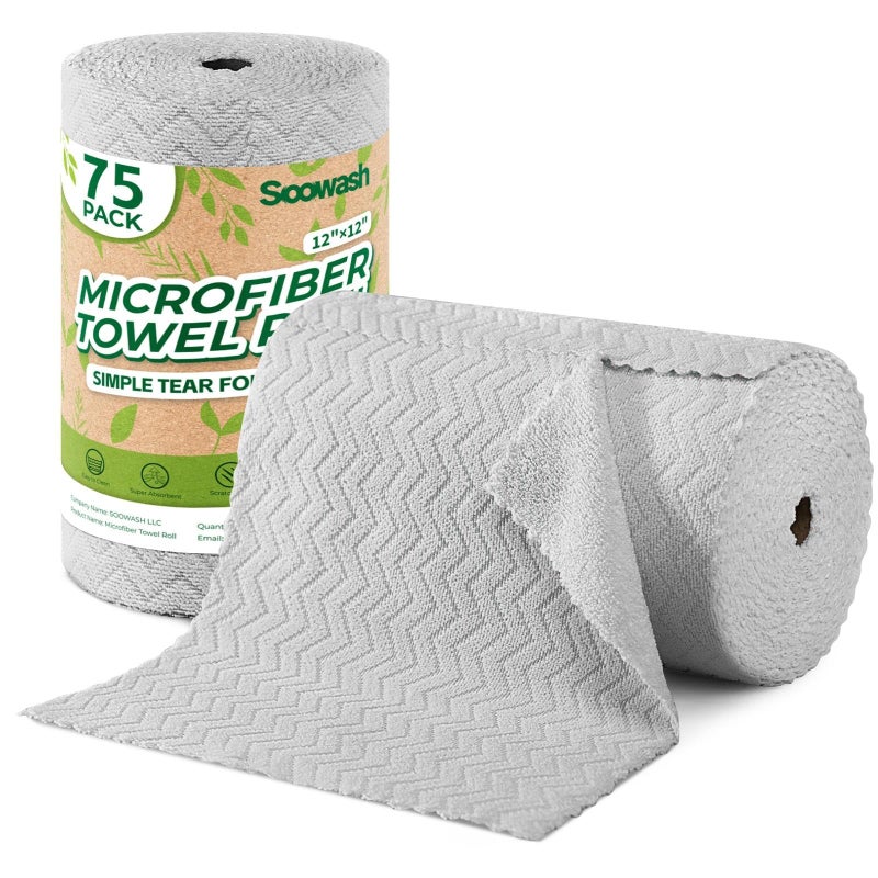 SOOWASH Microfiber Cleaning Cloths Roll, 75 Pack Tear Away Microfiber Towels Roll, 12" x 13" Lint Free Rags, Reusable Cleaning Cloths, Washable, Scratch Free,Ultra Absorbent Dish Rags(Grey Ripple) - Image 1